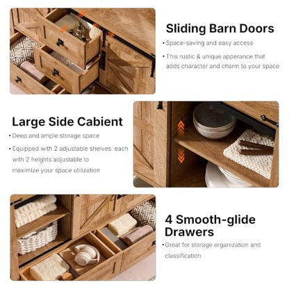 T4TREAM 48" Wide Farmhouse Sideboard Buffet Cabinet, Light Tree Knot | 31.2" Tall Kitchen Cabinet with Storage, 2 Sliding Barn Doors, 4 Drawers, Rustic Wood, Coffee Bar Table, Dining Room - color: Light Tree Knot
