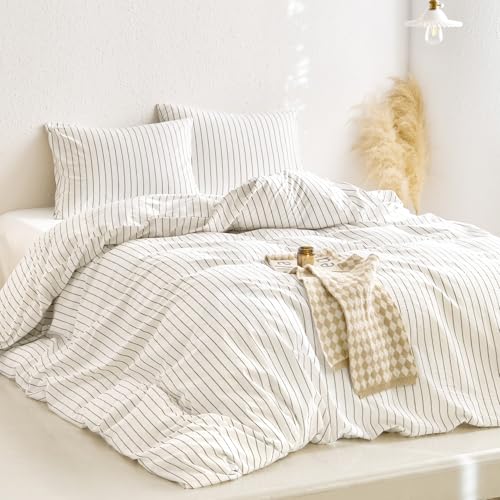 Wake In Cloud - Striped Cotton Duvet Cover Set, Ticking Stripe Vertical Pinstripe Farmhouse, 100% Washed Cotton Textured Bedding Set, 3 Pieces, White, Full Size - color: White, size: Full