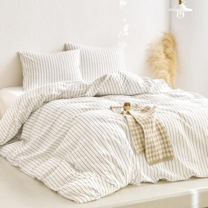 Wake In Cloud - Striped Cotton Duvet Cover Set, Ticking Stripe Vertical Pinstripe Farmhouse, 100% Washed Cotton Textured Bedding Set, 3 Pieces, White, Full Size - color: White, size: Full