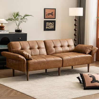 HALLYBEE 85" Futon Faux Leather Couch with Adjustable Armrests Brown | Futon Sofa Bed, Sleeper Sofa, Small Couch with Pillows, Side Pockets, Mid Century Modern, Living Room, Bedroom, Apartment - color: Brown