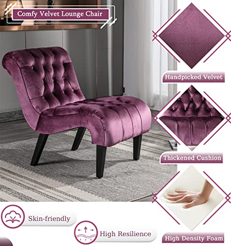 Comfy Velvet Accent Chair, Tufted Armless Side Chair with Rolled Edge | Modern Small Lounger for Living Room, Upholstered Reading Chaise Lounge with Solid Rubber Wood Legs, Purple - color: Purple, size: Set of 1
