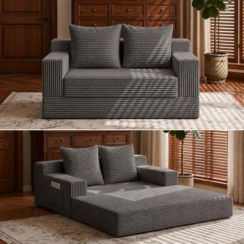 Boneless Loveseat Folding Sofa Bed, Foldable Floor Futon Sleeper Couch Bed - Convertible Sofa Bed, Corduroy Pull Out Sofa Bed with 2 Pillows for Living Room & Bedroom - color: Grey, size: Loveseat Sofa
