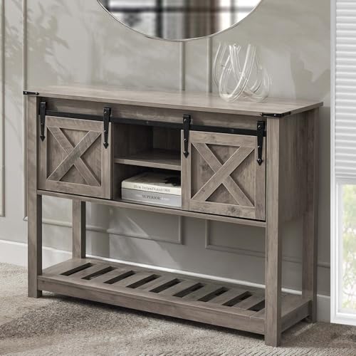 Farmhouse Entryway Table with Sliding Barn Doors, Wood Console Table with Storage Shelf, Rustic Sofa Table for Living Room, Entryway, Foyer, Grey - color: Grey