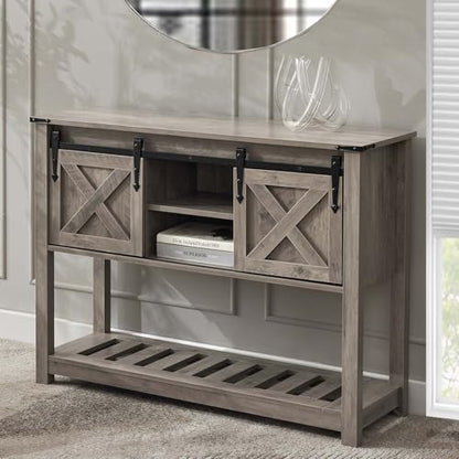 Farmhouse Entryway Table with Sliding Barn Doors, Wood Console Table with Storage Shelf, Rustic Sofa Table for Living Room, Entryway, Foyer, Grey - color: Grey