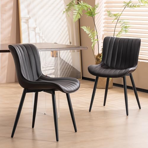 YOUNUOKE Mid-Century Modern Dining Chairs Set of 2, Dark Brown PU Leather | Faux leather upholstery with black metal legs. Fits dining room, kitchen, and guest reception. Easy to clean. Armless design - color: Dark Brown