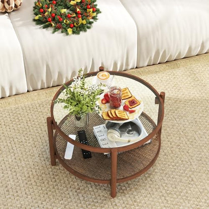 GIANTEX Rattan Coffee Table, Boho Round Glass Tea Table with PE Rattan Storage Shelf & Wood Frame, 2 Tier Accent Center Table for Living Room, Apartment, Small Space - color: Brown