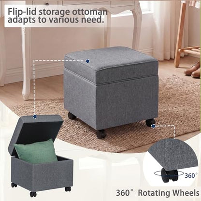 17" Square Storage Ottoman with Wheels, Upholstered Linen Movable Cube Footrest & Extra Seat with Flip Top for Living Room, Bedroom, Dark Grey - color: Dark Grey With Wheels