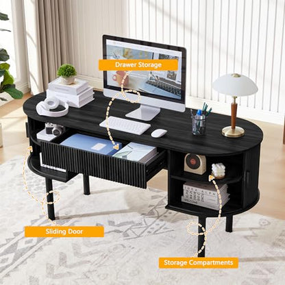 Home Office Oval Desk with Sliding Tambour Door and Drawer, Modern Fluted Wood Executive Computer Storage Desk for Study, Living Room, Bedroom, Office - Black - color: Black