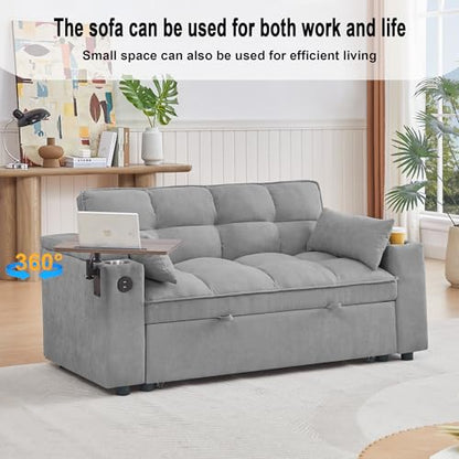 65" 3-in-1 Sofa Bed, Pull Out Sleeper Sofa with 360° Swivel Side Table, Storage Armrests, Cup Holders & USB Charging Ports, Chenille Convertible Couch for Living Room - color: 1107-light Gray-