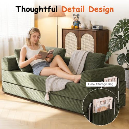 78" Convertible Sofa Bed, Corduroy Pull Out Couch with Fixed Frame & Pocket | 5-in-1 Boneless Sleeper Sofa, Couch Bed with 2 Pillows, Living Room, Small Spaces, Bedroom, No Assembly - color: 78''dark Green