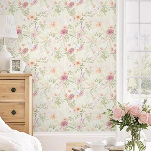 Floral Peel and Stick Wallpaper Beige Boho Neutral Cottage Contact Paper Bathroom Cabinets Farmhouse Wall Paper Renter Friendly Removable Waterproof Kitchen Vinyl 197''x17.3'' - color: Soft Beige, size: 17.3" x 197"