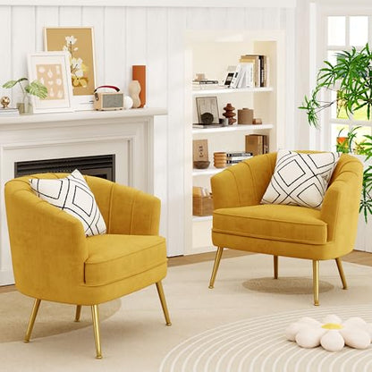 Velvet Accent Chair Set of 2, Barrel Armchair, Yellow | Velvet Upholstery, Golden Metal Legs, Comfy Barrel Back, Modern Style, Living Room Bedroom Office - color: Yellow, size: 2 Chairs