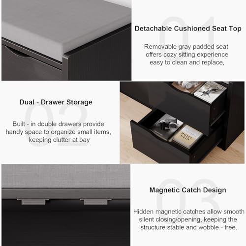 LVB 2-Tier Storage Bench with Padded Seat Cushion Shoe Bench with 2 Drawers | Removable Barn Doors & Adjustable Shelf, Industrial Shoe Bench for Hallway, Bedroom, Living Room,Black Oak, 40 Inch - color: Black Oak