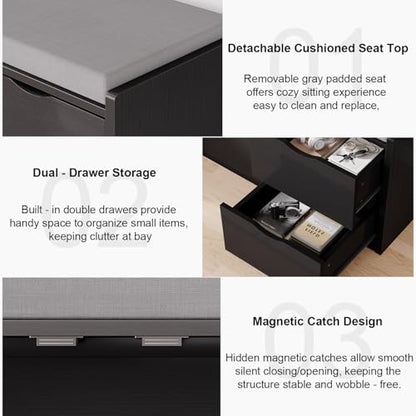 LVB 2-Tier Storage Bench with Padded Seat Cushion Shoe Bench with 2 Drawers | Removable Barn Doors & Adjustable Shelf, Industrial Shoe Bench for Hallway, Bedroom, Living Room,Black Oak, 40 Inch - color: Black Oak