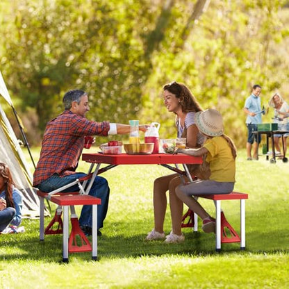 VINGLI 4 Ft Portable Folding Picnic Table Camping Table Foldable Set with 4 Seats with Umbrella Hole Suitcase Card Table-220 Lbs Support Aluminum Frame, Plastic RV Tabletop for Yard, Travel - color: Red