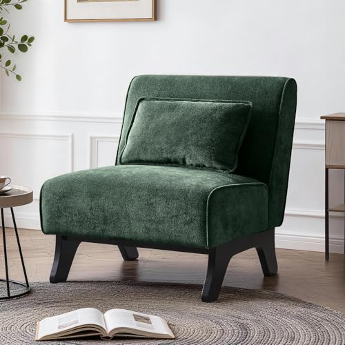 Armless Accent Chair Comfy Upholstered Modern Living Room Side Chair | Comfy Small Accent Lounge Chair with Pillow & Wooden Legs Accent Chair for Living Room Bedroom Farmhouse Reading Green - color: Dark Green