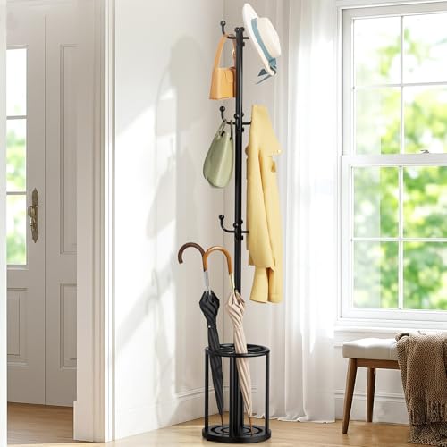 Coat Rack Freestanding, Black Coat Rack with Umbrella Holder, standing hat rack umbrella stand for entryway, coat hanger stand with 12 Hooks, office coat tree for Hat, Umbrella, jacket, Bag, Clothes