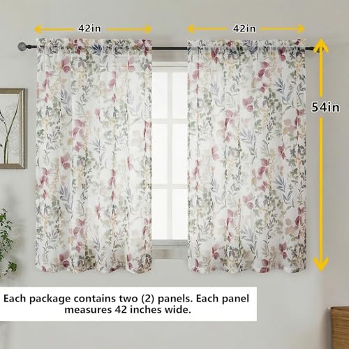 Printing Sheer Curtians 54 Inch Length Kitchen Curtain 2 Panels Set, Printing Small Window Living Room Curtains with Floral Leaves, Farmhouse Light Filtering Short Curtains, Purple, 42"x54" - color: Purple/Multi, size: 42"W x 54"L (Pack of 2)