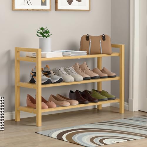 Haddockway Bamboo Shoe Rack for Closet, Free Standing Shoe Organizer with Smooth Round Rods & Convenient Handles, Stackable Shoe Storage Shelf for Entryway, Hallway(Natural, 3-Tier) - color: Natural, size: 3-Tier_Standard