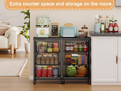Pantry Organizer and Storage Cart, 3-Tier Kitchen Storage Cart with Drawer, Fruit Vegetable Storage Cart with Wheels, Wooden Top Metal Wire Kitchen Organizer Rack Stand for Food Snack Onion Potato - size: 3-Tier Black