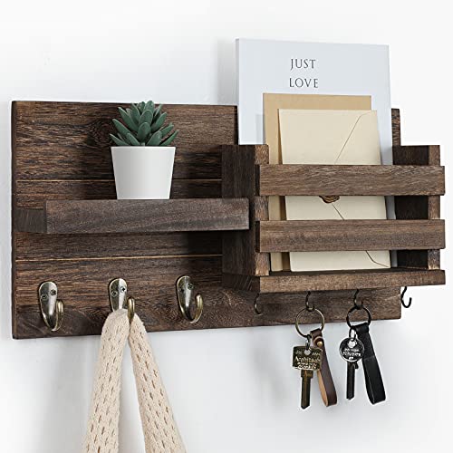 Lwenki Mail Organizer for Wall Mount – Key Holder with Shelf Includes Letter Holder and Hooks for Coats, Dog Leashes – Rustic Wood with Flush Mounting Hardware (16.5” x 8.7” x 3.5”) - color: Brown