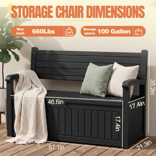 Storage Bench Outdoor Deck Box, 100 Gallon Lockable Patio Furniture, Black | Waterproof & UV Resistant Seating, Indoor/Outdoor Shoe Storage Cabinet for Garden Cushions, Tools, Patio, Pool Supplies