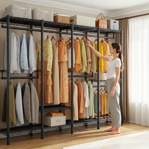Raybee Heavy Duty Clothes Rack, 1150lbs Capacity, Adjustable | 76" W Freestanding, Steel Structure, 4 Rods & 6 Shelves, Tool-Free Assembly, Sturdy for Closet, Bedroom, Black - color: Black, style: Heavy Duty Clothes Rack