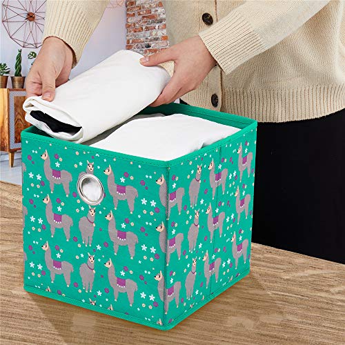 Fabric Strorage Cubes Box Basket Bins Foldable 10x10x10 Inch Lake Green Alpaca Pattern for Closet Organizer Inserts Drawers ,QY-SC16-3 - color: Alpaca(Set of 3)