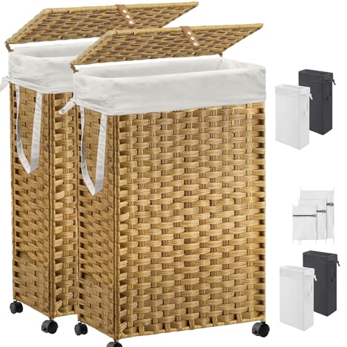 70L Slim Laundry Hamper with Lid & Wheels, 2-Park Rolling Laundry Basket with 4 Removable Liner Bags & 3 Mesh Bags, Narrow Dirty Clothes Basket, Foldable Handwoven Rattan Laundry Sorter, Natural - color: Natural