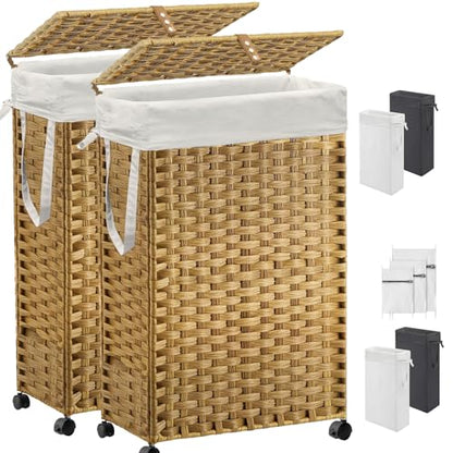 70L Slim Laundry Hamper with Lid & Wheels, 2-Park Rolling Laundry Basket with 4 Removable Liner Bags & 3 Mesh Bags, Narrow Dirty Clothes Basket, Foldable Handwoven Rattan Laundry Sorter, Natural - color: Natural