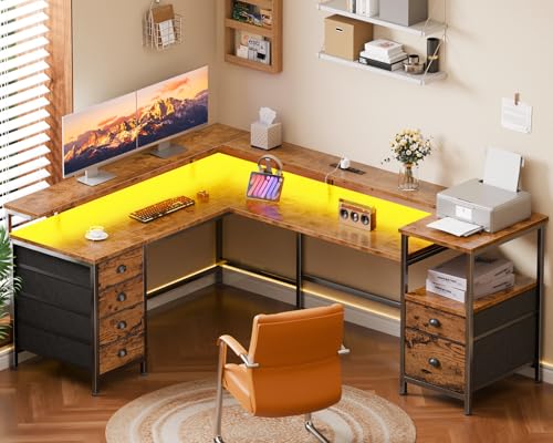 Furologee 66'' L Shaped Computer Desk with 6 Drawers & LED, Rustic Brown | Reversible Large Corner Desk with Printer Storage Shelves,LED Lights,Monitor Stand for Home Office,Working Writing Study - color: Rustic Brown