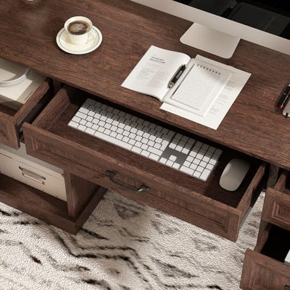 CARPETNAL 58'' Farmhouse Executive Desk with Drawers, Home Office Desk with File Drawer and Storage Cabinet, Rustic Computer Desk for Working, Studying, Writing, Brown - color: Brown