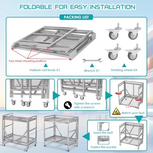 2 Shelf Rolling Cart with Wheels, 660lbs Capacity Collapsible Steel Rolling Utility Cart, Heavy-Duty Foldable Hand Truck, Metal Storage Carts with Handle for Groceries, Warehouse (36" Lx26 W) - color: Net