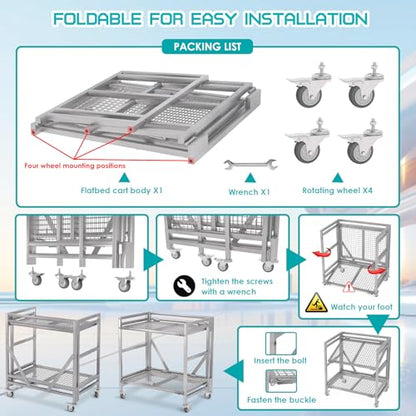2 Shelf Rolling Cart with Wheels, 660lbs Capacity Collapsible Steel Rolling Utility Cart, Heavy-Duty Foldable Hand Truck, Metal Storage Carts with Handle for Groceries, Warehouse (36" Lx26 W) - color: Net