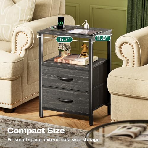 Huuger Night Stand with Charger Station and LED Lights, 2 Drawer Nightstand | Bed Side Table with Open ShelfEnd TableFabric Drawers for Bedroom, Charcoal Black - color: Charcoal Black, size: 11.8"D x 15.7"W x 23.6"H（2 Drawers）