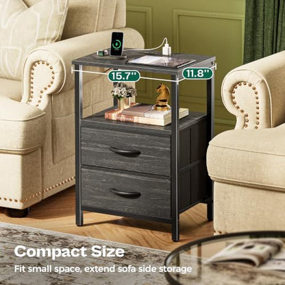 Huuger Night Stand with Charger Station and LED Lights, 2 Drawer Nightstand | Bed Side Table with Open ShelfEnd TableFabric Drawers for Bedroom, Charcoal Black - color: Charcoal Black, size: 11.8"D x 15.7"W x 23.6"H（2 Drawers）