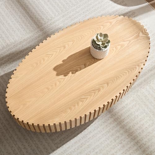 43.7'' Round Coffee Table for Living Room,Modern Handcraft Drum Coffee Table Wood Small Coffee Table with Sturdy Pedestal,Oak - color: Oak, size: 43.7"x24.8"x13.38"