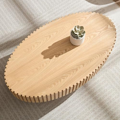 43.7'' Round Coffee Table for Living Room,Modern Handcraft Drum Coffee Table Wood Small Coffee Table with Sturdy Pedestal,Oak - color: Oak, size: 43.7"x24.8"x13.38"