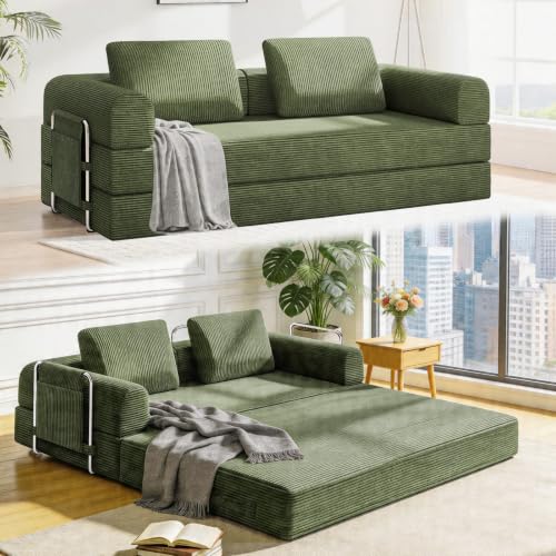 78" Convertible Sofa Bed, Corduroy Pull Out Couch with Fixed Frame & Pocket | 5-in-1 Boneless Sleeper Sofa, Couch Bed with 2 Pillows, Living Room, Small Spaces, Bedroom, No Assembly - color: 78''dark Green