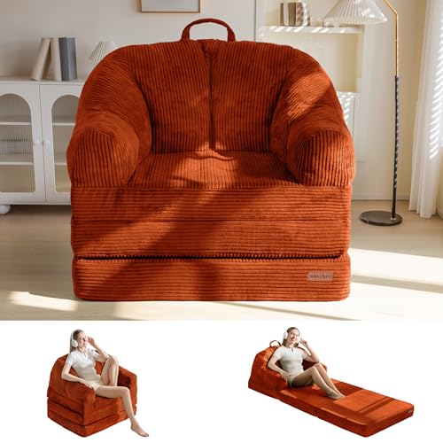 MAXYOYO Folding Sofa Bed with Backrest, Boneless Fold Out Couch with Handle | 2 in 1 Convertible Bean Bag Chair to Floor Sofa Lounger, Comfy Folding Couch for Bedroom & Living Room, Orange, Single - color: Orange, size: Single
