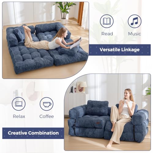MAXYOYO Folding Sofa Bed, Convertible Chair Bed with Pillow | L-Shaped Floor Sofa with Armrest and Pillow, Foldable Portable Fold Out Comfy Chair Bed for Living Room Bedroom, Dusty Blue - color: Dusty Blue