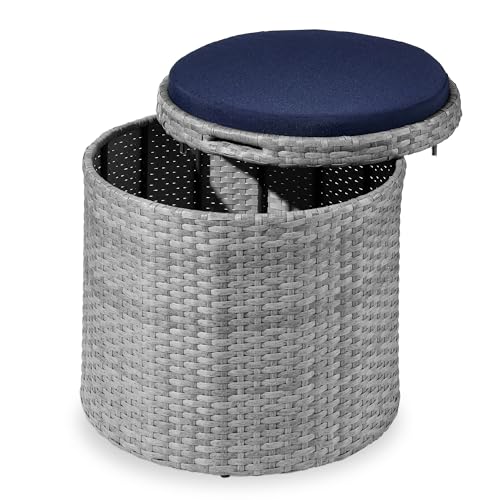 Best Choice Products Round Wicker Ottoman, Multipurpose Outdoor Furniture for Patio, Backyard, Additional Seating, Footrest, Side Table w/Storage, Removable Cushions – Gray/Navy - color: Gray/Navy