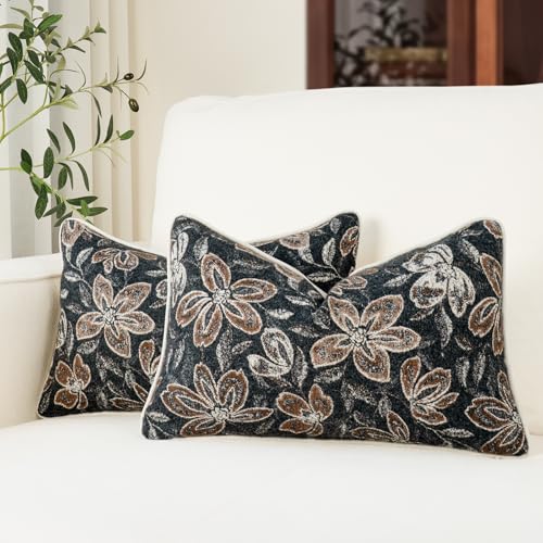 MATTINS 12x20 Vintage Floral Patterned Lumbar Pillow Covers, Black 2PC | Farmhouse Decorative Pillow Covers, Country Botanical Jacquard Design, Cottage Boho Accent for Sofa, Bed, and Living Room - color: Charcoal Black, size: 20" x 12" (Pack of 2)