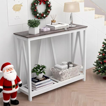 Entryway Table, 39" Farmhouse Console Table with Shelf Narrow Foyer Table | | 2-Tier Open Shelf,V-Shape Anti-Tip Legs,Slim Narrow Design,Sofa Table Use,Two-Tone Finish,30-Min Easy Assembly,Oak Grey - color: Oak Grey