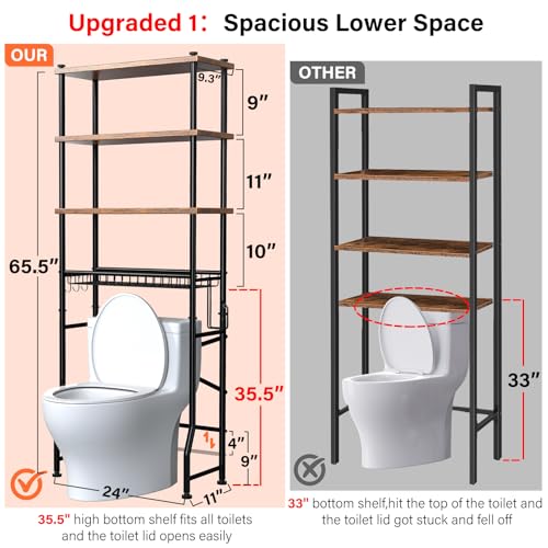 Over-The-Toilet Storage Shelves, 4-Tier Bathroom Organizer Shelf Over Toilet with Adjustable Feet Pad and Basket, Freestanding Space Saver Bathroom Storage Rack Above Toilet (Vintage Brown) - color: Brown