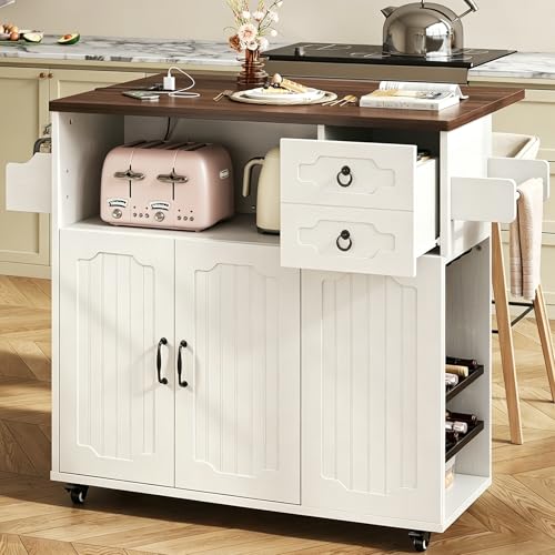 LIKIMIO 51" Mobile Kitchen Island with Drop Leaf & Power Outlet, Kitchen Rolling Island with Storage Cabinets & Drawers, Kitchen Island Cart with Glass Holder & Wine Rack for Dining Room, White