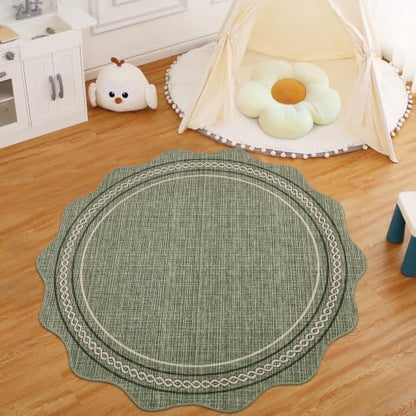 GarveeHome Scalloped Washable Small Round Rug 3ft Non-Slip Soft, Green | Boho Ultra-Thin Circle Low Pile Stain Resistant Carpet for Bedroom Entryway Kitchen Laundry Bathroom - color: Green, size: 3' (Round)