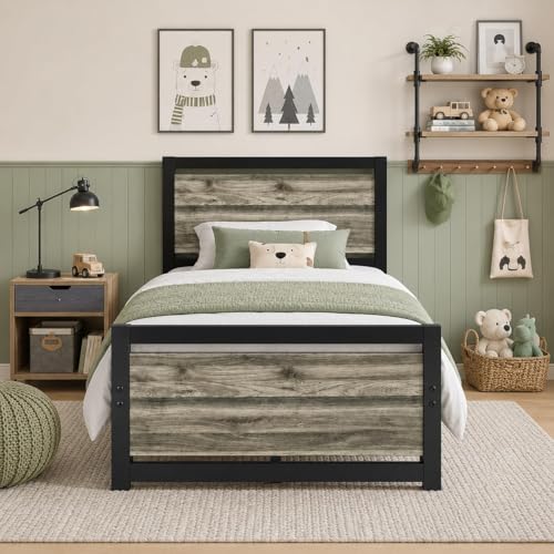 Twin Size Bed Frames, Twin Bed Frames with Headboard and Footboard, Heavy Duty Metal Twin Platform Bed Frame, Noise-Free, No Box Spring Needed, Easy Assembly, Wash Grey - color: Wash Grey, size: Twin