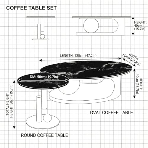 FT Global 2-Piece Nesting Coffee Table Set, 47.2-Inch Oval Coffee Table with 19.7-Inch Round End Table, Black UV-Printed Tempered Glass Tops, Brushed Gold Stainless Steel Bases