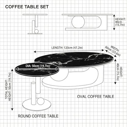 FT Global 2-Piece Nesting Coffee Table Set, 47.2-Inch Oval Coffee Table with 19.7-Inch Round End Table, Black UV-Printed Tempered Glass Tops, Brushed Gold Stainless Steel Bases